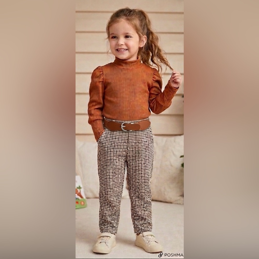 Toddler Girls Ribbed Puffed Sleeve Top & Gingham Plaid Pant Set Size 3T/4T